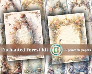 16 papers | Vintage Enchanted Forest Scrapbooking Kit | Watercolor Junk Journal Pages | Printable Paper for Invitations & Journaling