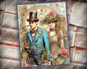 Steampunk Women and Men Junk Journal Page, Fantasy Enchanted Forest, Wildflowers, Watercolor, Fairytale Design, Detailed and Sharp