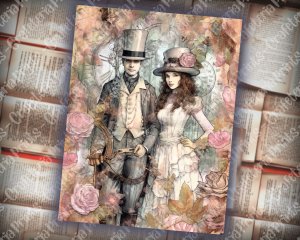 Steampunk Women and Men Junk Journal Page, Fantasy Enchanted Forest, Wildflowers, Watercolor, Fairytale Design, Detailed and Sharp