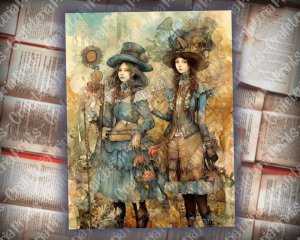 Steampunk Women and Men Junk Journal Page, Fantasy Enchanted Forest, Wildflowers, Watercolor, Fairytale Design, Detailed and Sharp