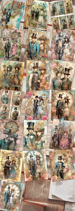 Steampunk Women and Men Junk Journal Page, Fantasy Enchanted Forest, Wildflowers, Watercolor, Fairytale Design, Detailed and Sharp