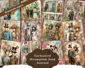 Steampunk Women and Men Junk Journal Page, Fantasy Enchanted Forest, Wildflowers, Watercolor, Fairytale Design, Detailed and Sharp