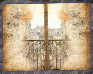 Scrapbooking Pages, Stamperia Watercolor Style Art, Vintage European Balcony with Spring Flowers, Neutral Old Paper, Printable Invitations