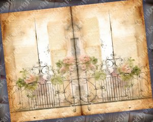 Scrapbooking Pages, Stamperia Watercolor Style Art, Vintage European Balcony with Spring Flowers, Neutral Old Paper, Printable Invitations