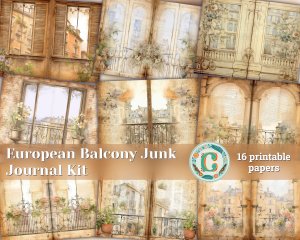 Scrapbooking Pages, Stamperia Watercolor Style Art, Vintage European Balcony with Spring Flowers, Neutral Old Paper, Printable Invitations