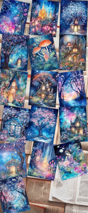 16 pages of Fairy Spring Night Background - Fantasy Fairy Tale with Vivid Colors. Shabby Chic Ephemera, Scrapbooking Background