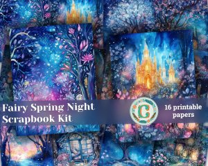 16 pages of Fairy Spring Night Background - Fantasy Fairy Tale with Vivid Colors. Shabby Chic Ephemera, Scrapbooking Background