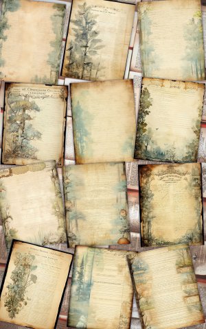 12 papers | Fairy Tale Forest Vintage Scrapbooking Papers | Light Blue & Green Tones | Watercolor Background | Shabby Chic Junk Journal Kit