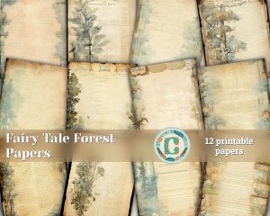 12 papers | Fairy Tale Forest Vintage Scrapbooking Papers | Light Blue & Green Tones | Watercolor Background | Shabby Chic Junk Journal Kit