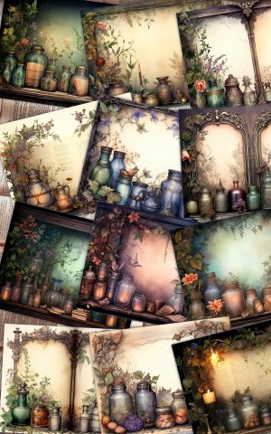 12 papers | Scrapbooking Backgrounds | Fairy Tale Potions | Nature Witch | Shabby Chic Ephemera | Printable Pages | Junk Journal Kit