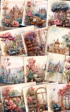 12 papers | Fairy Tale Watercolor Illustration Scrapbooking Kit | Shabby Chic Ephemera Journaling Kit | Printable Pages | Junk Journal Kit