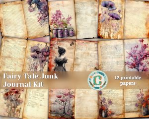 12 papers | Fairy Tale Magic Junk Journal Kit with Colorful Background and Intricate Details. Printable Pages for Scrapbooking, Invitations