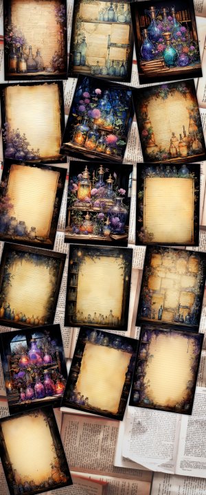 16 pages of Fairy Tale Night Potions Shabby Chic Ephemera Scrapbooking Background Watercolor Illustration - Intrinsic Details