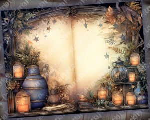 12 pages of fairy tale Night Potions shabby chic ephemera scrapbooking background, watercolor illustration, intrinsic details