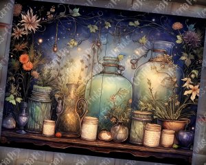 12 pages of fairy tale Night Potions shabby chic ephemera scrapbooking background, watercolor illustration, intrinsic details