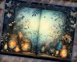 12 pages of fairy tale Night Potions shabby chic ephemera scrapbooking background, watercolor illustration, intrinsic details