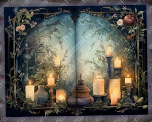 12 pages of fairy tale Night Potions shabby chic ephemera scrapbooking background, watercolor illustration, intrinsic details