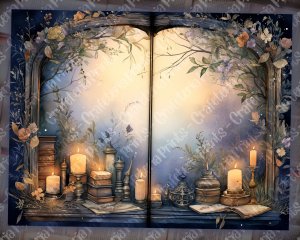 12 pages of fairy tale Night Potions shabby chic ephemera scrapbooking background, watercolor illustration, intrinsic details