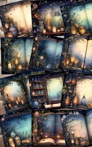 12 pages of fairy tale Night Potions shabby chic ephemera scrapbooking background, watercolor illustration, intrinsic details