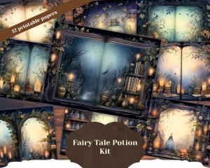 12 pages of fairy tale Night Potions shabby chic ephemera scrapbooking background, watercolor illustration, intrinsic details