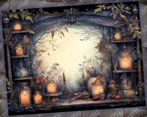 12 pages of Fairy Tale Night Potions Shabby Chic Ephemera Scrapbooking Backgrounds, Watercolor Illustration, Intrinsic Details