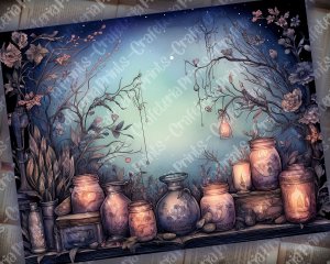 12 pages of Fairy Tale Night Potions Shabby Chic Ephemera Scrapbooking Backgrounds, Watercolor Illustration, Intrinsic Details