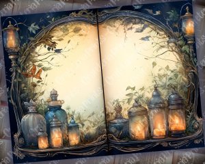 12 pages of Fairy Tale Night Potions Shabby Chic Ephemera Scrapbooking Backgrounds, Watercolor Illustration, Intrinsic Details