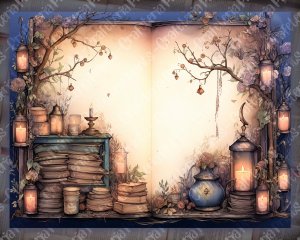 12 pages of Fairy Tale Night Potions Shabby Chic Ephemera Scrapbooking Backgrounds, Watercolor Illustration, Intrinsic Details