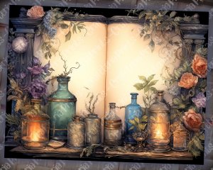 12 pages of Fairy Tale Night Potions Shabby Chic Ephemera Scrapbooking Backgrounds, Watercolor Illustration, Intrinsic Details