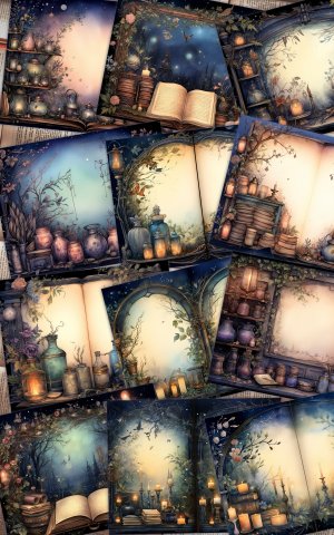 12 pages of Fairy Tale Night Potions Shabby Chic Ephemera Scrapbooking Backgrounds, Watercolor Illustration, Intrinsic Details