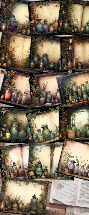 16 Papers | Fairy Tale Potions Background Nature Witch Potions Shabby Chic Ephemera Scrapbooking Papers | Printable Pages, Junk Journal Kit