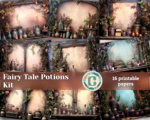 16 papers | Fairy Tale Potions Background & Nature Witch Potions Shabby Chic Ephemera | Scrapbooking Kit, Junk Journal Kit, Printable Pages