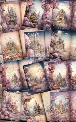 12 papers | Fairy Tale Crystal Princess Fantasy World | Shabby Chic Scrapbooking Kit with Vivid Colors and Ephemera | Junk Journaling