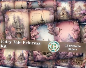 12 papers | Fairy Tale Crystal Princess Fantasy World | Shabby Chic Scrapbooking Kit with Vivid Colors and Ephemera | Junk Journaling