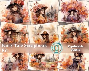 15 papers | Fairy Tale Watercolor Illustration Scrapbooking Kit | Shabby Chic Ephemera & Printable Pages | Junk Journal & Invitations