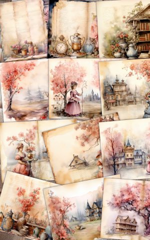 12 papers | Fairy Tale Watercolor Scrapbooking Kit | Shabby Chic Ephemera & Printable Pages | Journaling, Invitations, Designs