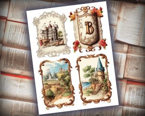 16 papers | Vintage Labels with Fairy Tale Elements | Old English Font | Scrapbooking Kit | Printable Paper | Junk Journal Kit