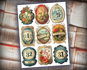 16 papers | Vintage Labels with Fairy Tale Elements | Old English Font | Scrapbooking Kit | Printable Paper | Junk Journal Kit