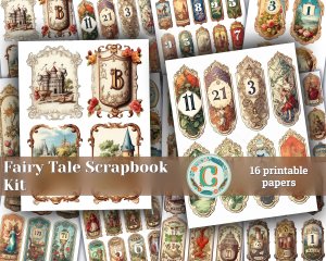 16 papers | Vintage Labels with Fairy Tale Elements | Old English Font | Scrapbooking Kit | Printable Paper | Junk Journal Kit