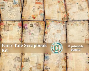 12 Papers | Fairy Tales Themed Scrapbooking Kit, Shabby Chic Printable Backgrounds, Junk Journal Papers, Watercolor Illustration Ephemera