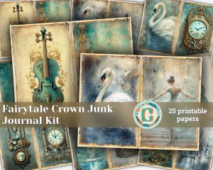 25 Papers | Nostalgic Fairytale Crown Scrapbooking Kit, Light Gold Ornate Detailing, Delicate Ink Wash, Romantic Scenery Printable Pages