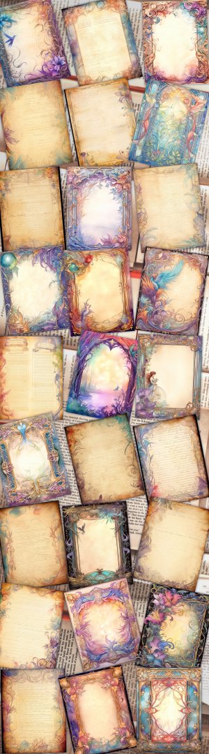 27 papers | Fairytale Art Nouveau Fantasy-Inspired Scrapbooking Kit, Magical Iridescent Border Printable Paper, Shabby Chic Journaling Pages