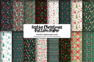 Digital Pattern Paper with Seamless Red and Green Christmas Elements for Festive Crafts, Scrapbooking, and Holiday Decorations