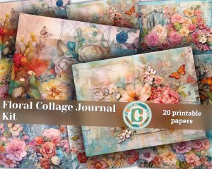 20 Pages of Floral Collage Background, Vivid Colors, Shabby Chic Ephemera for Scrapbooking, Invitations, Digital Planners, Journaling