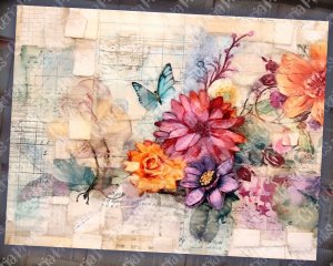 18 Pages of Floral Collage Background, Vivid Colors, Shabby Chic Ephemera, Scrapbooking, Invitations, Digital Planners, Journaling