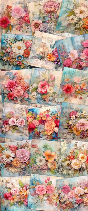 18 Pages of Floral Collage Background, Vivid Colors, Shabby Chic Ephemera, Scrapbooking, Invitations, Digital Planners, Journaling