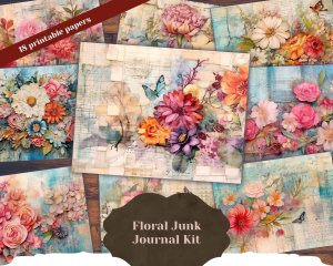 18 Pages of Floral Collage Background, Vivid Colors, Shabby Chic Ephemera, Scrapbooking, Invitations, Digital Planners, Journaling