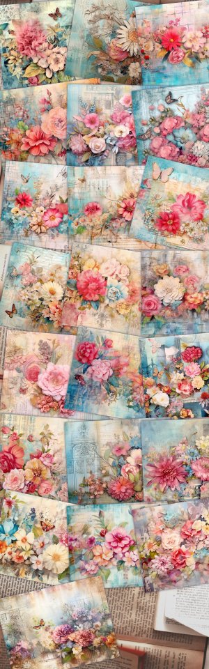 18 pages of Floral Collage background vivid colors shabby chic ephemera for scrapbooking, invitations, designs, digital planners, journaling