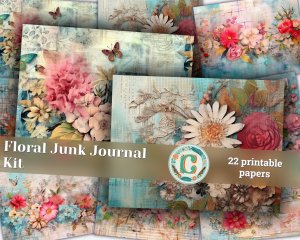 18 pages of Floral Collage background vivid colors shabby chic ephemera for scrapbooking, invitations, designs, digital planners, journaling