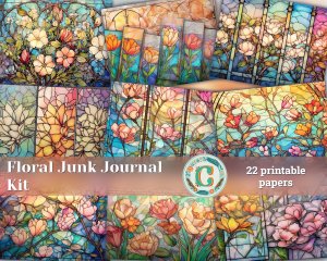 Stained Glass Blooms Junk Journal Digital Paper - Printable Vintage Flower Background for Scrapbooking, Invitations, and Designs